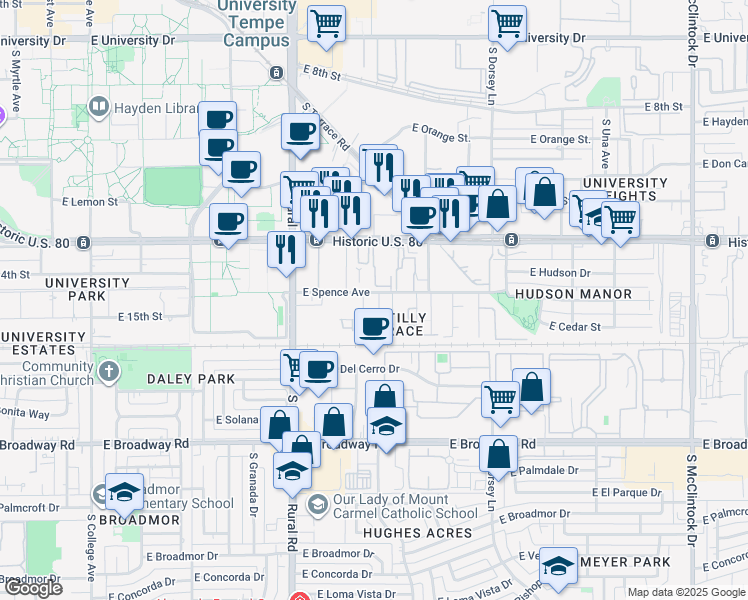 map of restaurants, bars, coffee shops, grocery stores, and more near 1411 South Bonarden Lane in Tempe