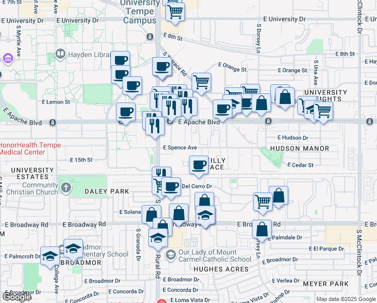 map of restaurants, bars, coffee shops, grocery stores, and more near 1005 East Spence Avenue in Tempe