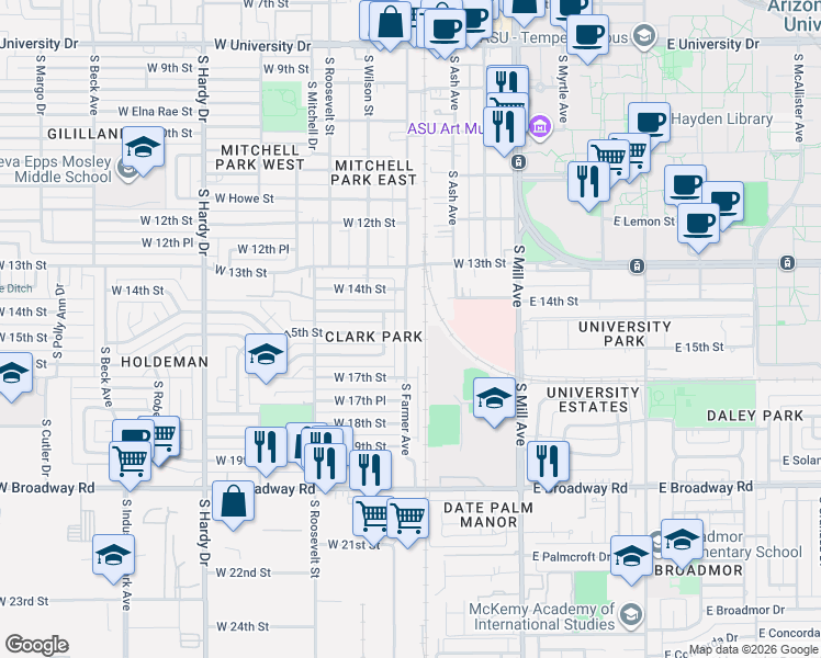 map of restaurants, bars, coffee shops, grocery stores, and more near 1501 South Farmer Avenue in Tempe