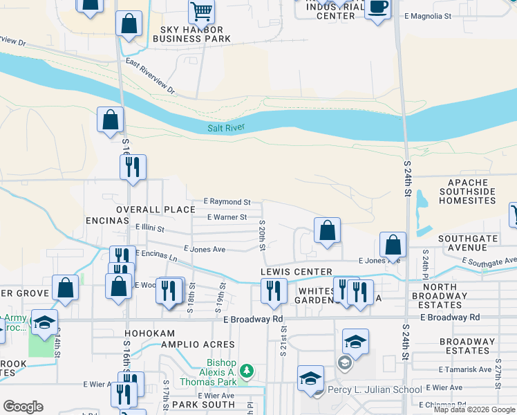 map of restaurants, bars, coffee shops, grocery stores, and more near 1936 East Warner Street in Phoenix