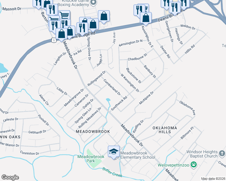 map of restaurants, bars, coffee shops, grocery stores, and more near 2916 Cumberland Drive in Augusta