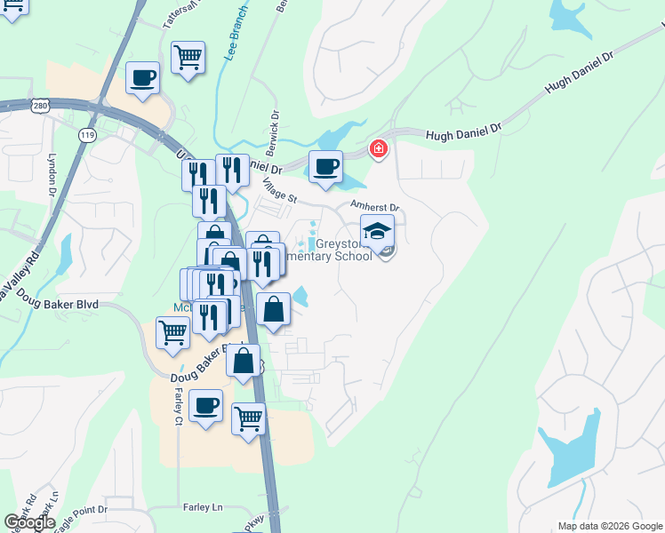 map of restaurants, bars, coffee shops, grocery stores, and more near 450 Eaton Road in Birmingham