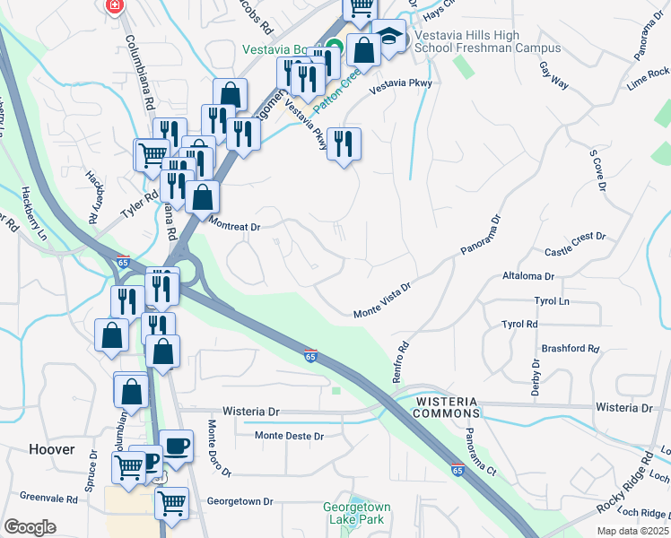 map of restaurants, bars, coffee shops, grocery stores, and more near 2154 Montreat Parkway in Vestavia Hills