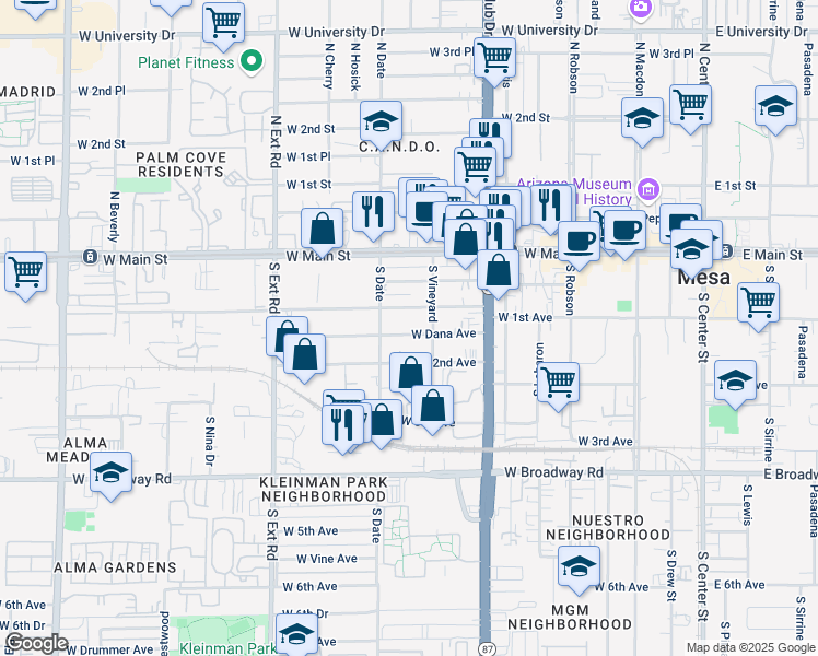 map of restaurants, bars, coffee shops, grocery stores, and more near 526 West Dana Avenue in Mesa