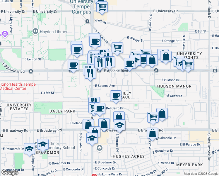 map of restaurants, bars, coffee shops, grocery stores, and more near 1005 East Spence Avenue in Tempe