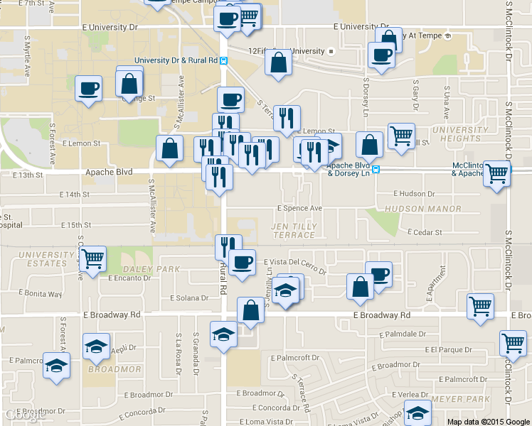 map of restaurants, bars, coffee shops, grocery stores, and more near 1402 South Jentilly Lane in Tempe