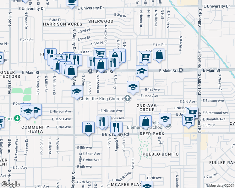 map of restaurants, bars, coffee shops, grocery stores, and more near 1452 East Dana Avenue in Mesa