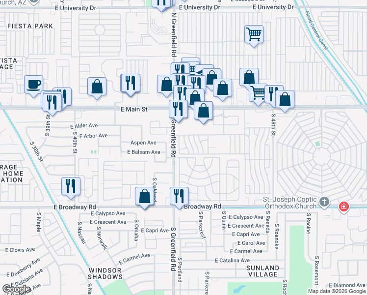 map of restaurants, bars, coffee shops, grocery stores, and more near Candice Lane in Mesa