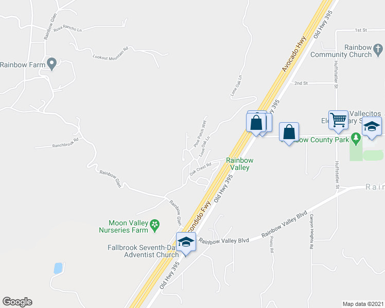 map of restaurants, bars, coffee shops, grocery stores, and more near 4747 Oak Crest Road in Fallbrook