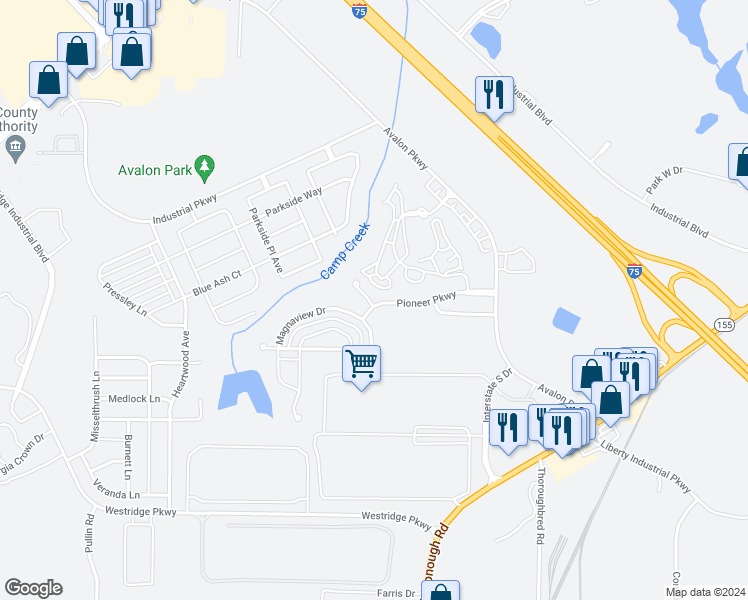 map of restaurants, bars, coffee shops, grocery stores, and more near 5068 Pioneer Parkway in McDonough