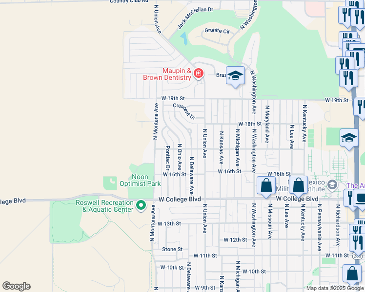 map of restaurants, bars, coffee shops, grocery stores, and more near 1701 North Ohio Avenue in Roswell