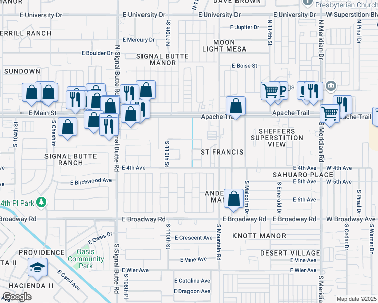 map of restaurants, bars, coffee shops, grocery stores, and more near 125 South 110th Place in Mesa