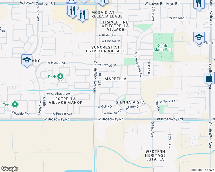 map of restaurants, bars, coffee shops, grocery stores, and more near 7402 West Jones Avenue in Phoenix