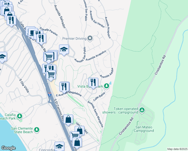 map of restaurants, bars, coffee shops, grocery stores, and more near 704 East Avenida Magdalena in San Clemente