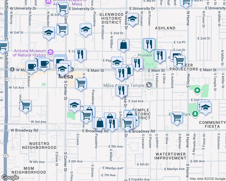 map of restaurants, bars, coffee shops, grocery stores, and more near 241 East 1st Avenue in Mesa