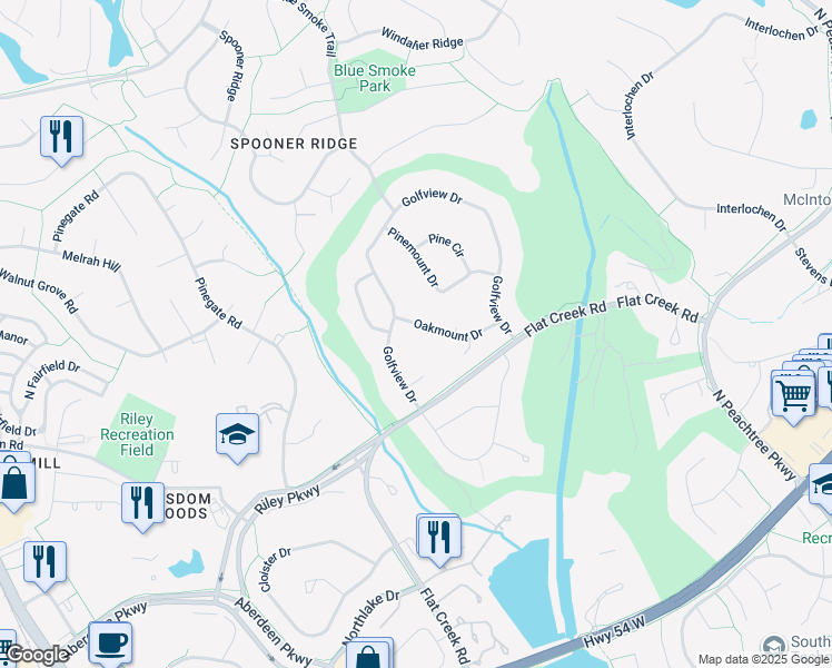 map of restaurants, bars, coffee shops, grocery stores, and more near 211 Oakmount Drive in Peachtree City