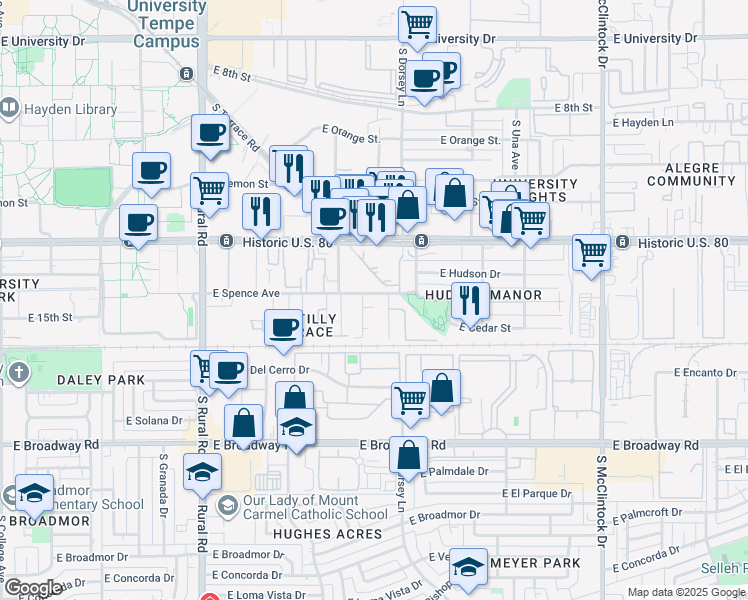map of restaurants, bars, coffee shops, grocery stores, and more near 1223 East Spence Avenue in Tempe