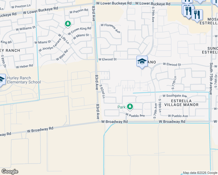 map of restaurants, bars, coffee shops, grocery stores, and more near 3921 South 82nd Lane in Phoenix