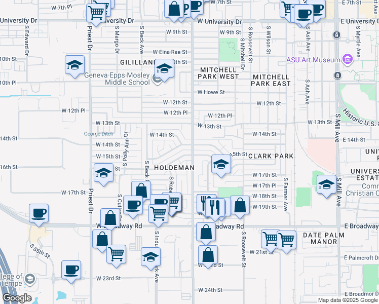 map of restaurants, bars, coffee shops, grocery stores, and more near 900 West 16th Street in Tempe