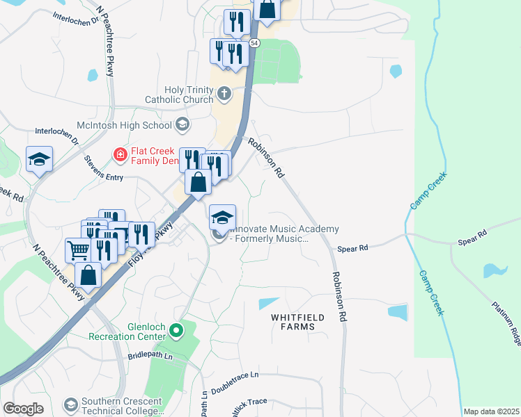 map of restaurants, bars, coffee shops, grocery stores, and more near 114 Forest View Drive in Peachtree City