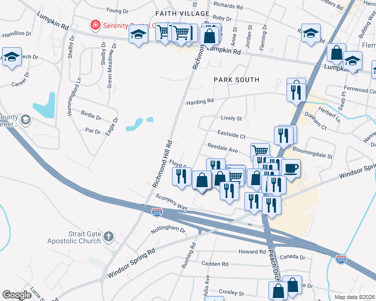 map of restaurants, bars, coffee shops, grocery stores, and more near 3154 Windy Hill Dr in Augusta