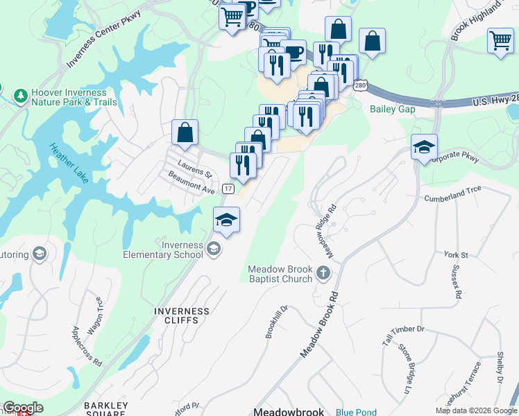 map of restaurants, bars, coffee shops, grocery stores, and more near 4018 Highland Ridge Road in Meadowbrook