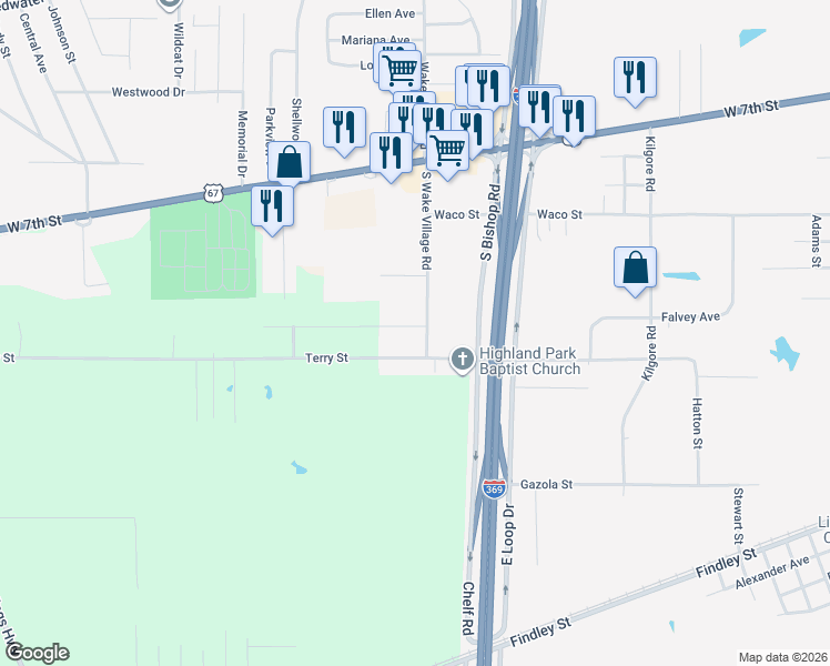 map of restaurants, bars, coffee shops, grocery stores, and more near 4601 Rose Acres Road in Texarkana