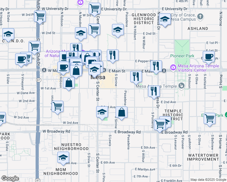 map of restaurants, bars, coffee shops, grocery stores, and more near 55 East 1st Avenue in Mesa