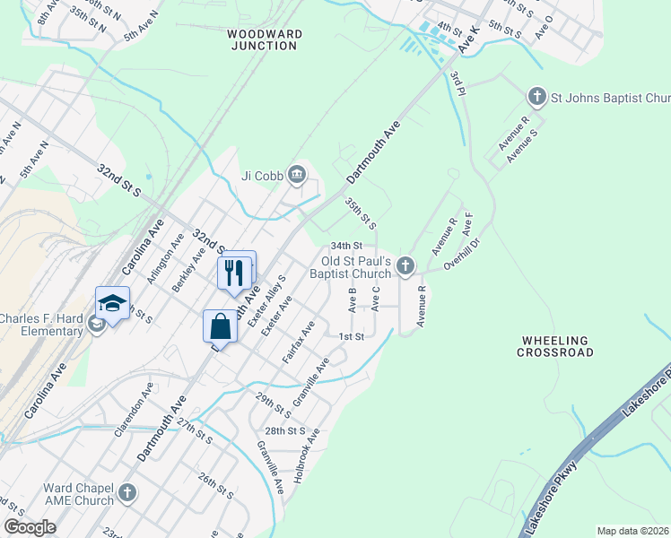 map of restaurants, bars, coffee shops, grocery stores, and more near 511 33rd Street South in Bessemer
