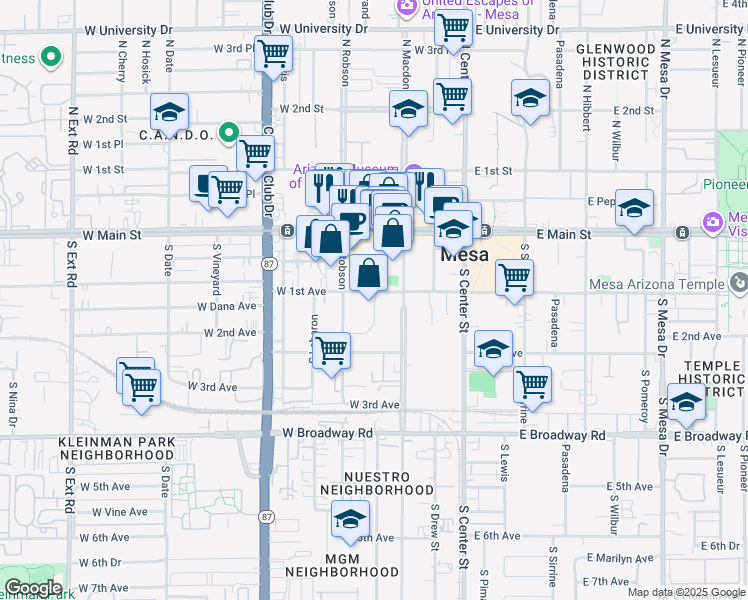 map of restaurants, bars, coffee shops, grocery stores, and more near 136 South Macdonald in Mesa