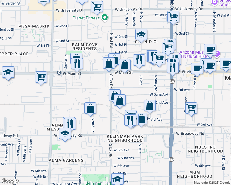 map of restaurants, bars, coffee shops, grocery stores, and more near 744 West Dana Avenue in Mesa