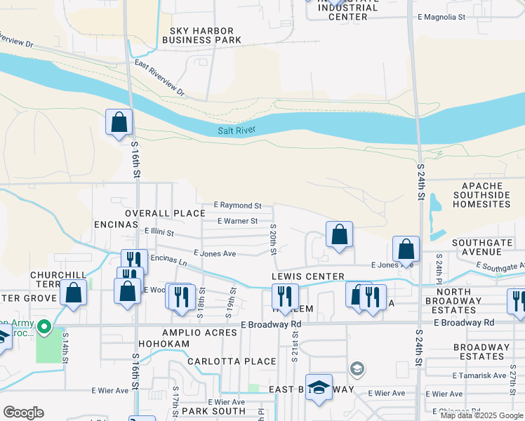 map of restaurants, bars, coffee shops, grocery stores, and more near 1936 East Warner Street in Phoenix