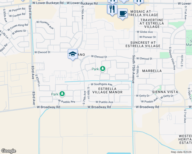 map of restaurants, bars, coffee shops, grocery stores, and more near 7727 West Agora Lane in Phoenix