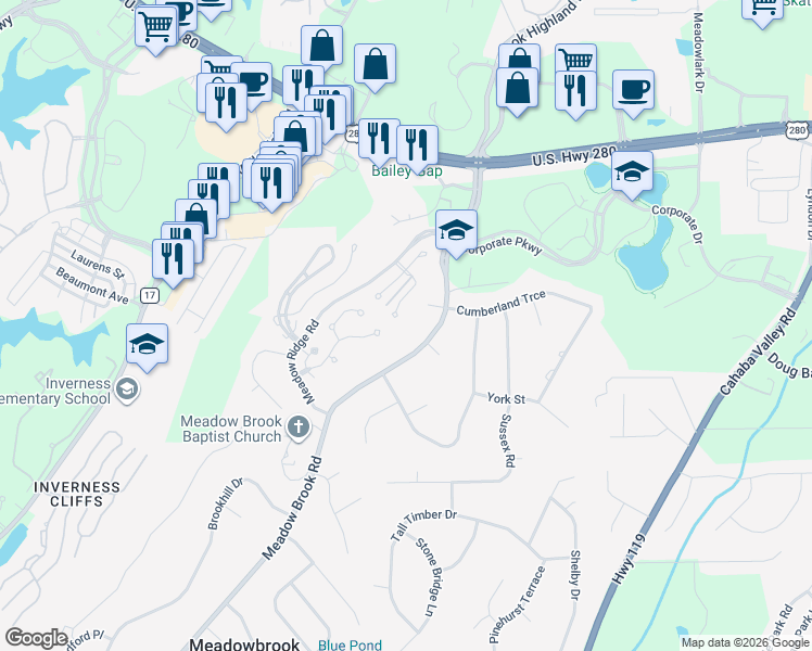 map of restaurants, bars, coffee shops, grocery stores, and more near 467 Meadow Croft Drive in Birmingham