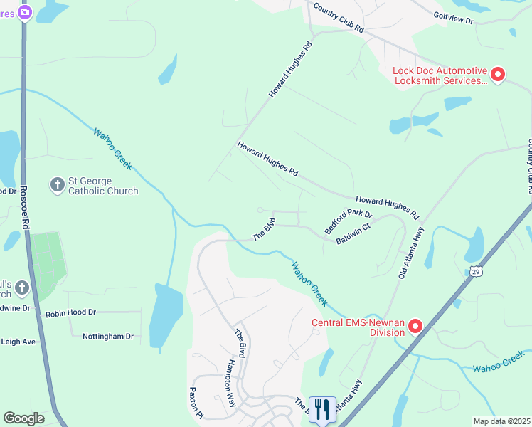 map of restaurants, bars, coffee shops, grocery stores, and more near 156 North Square Lane in Newnan