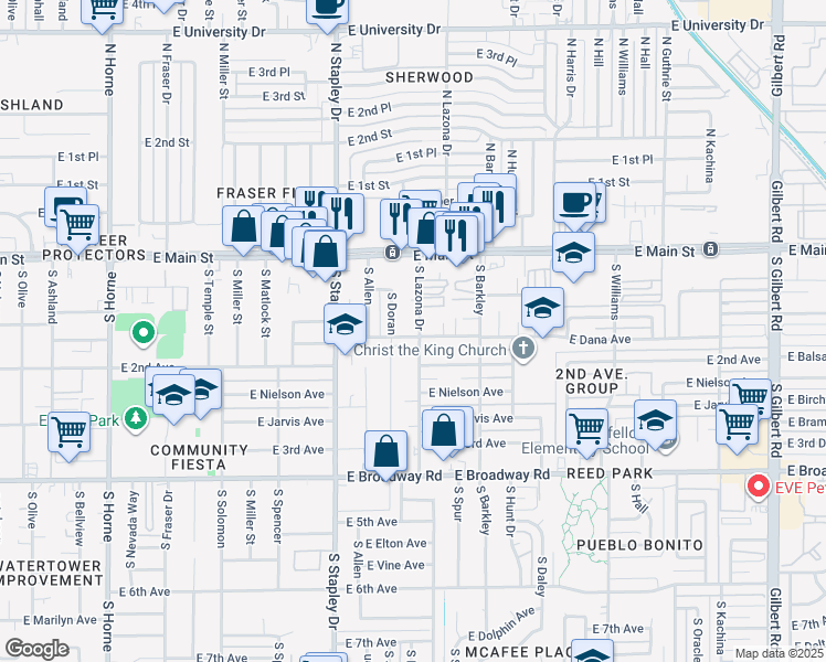 map of restaurants, bars, coffee shops, grocery stores, and more near 126 South Lazona Drive in Mesa