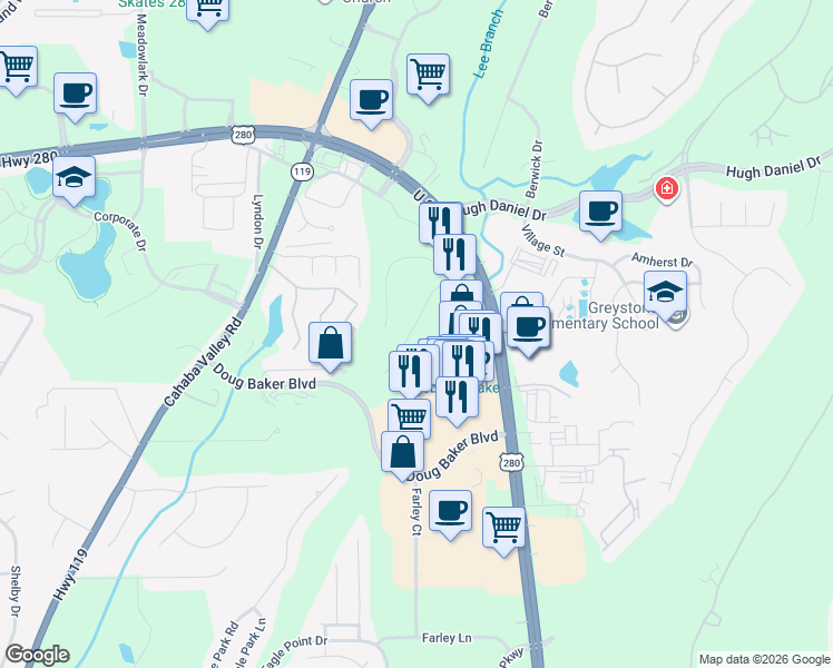map of restaurants, bars, coffee shops, grocery stores, and more near 829 Greystone Highlands Drive in Birmingham