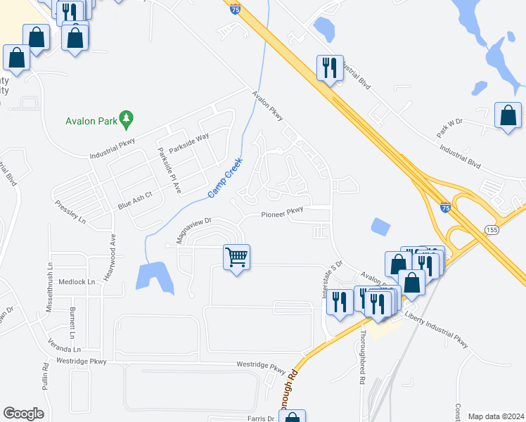 map of restaurants, bars, coffee shops, grocery stores, and more near 5052 Pioneer Parkway in McDonough