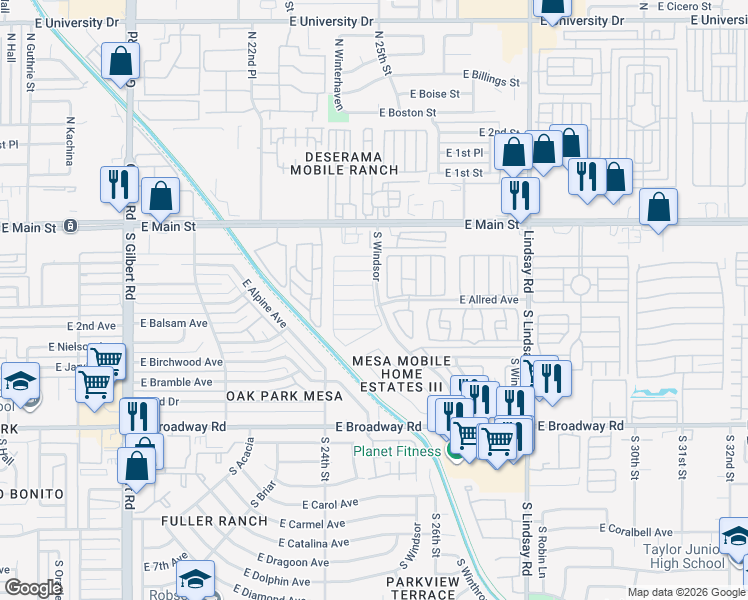 map of restaurants, bars, coffee shops, grocery stores, and more near East Windsor Mhp in Mesa