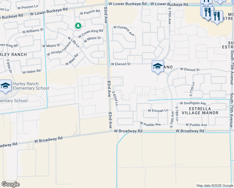 map of restaurants, bars, coffee shops, grocery stores, and more near 8237 West Odeum Lane in Phoenix