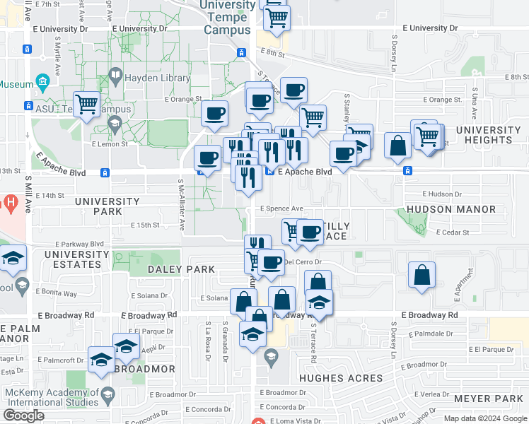 map of restaurants, bars, coffee shops, grocery stores, and more near 913 East Spence Avenue in Tempe