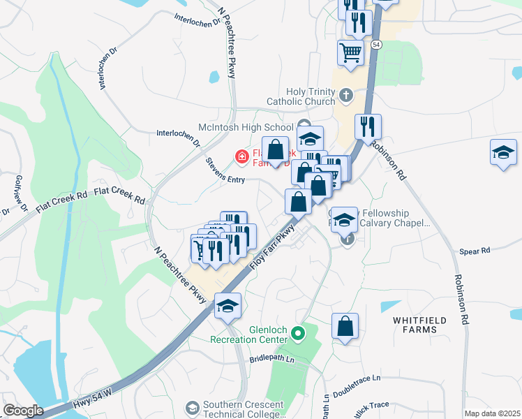 map of restaurants, bars, coffee shops, grocery stores, and more near 1000 Stevens Entry in Peachtree City