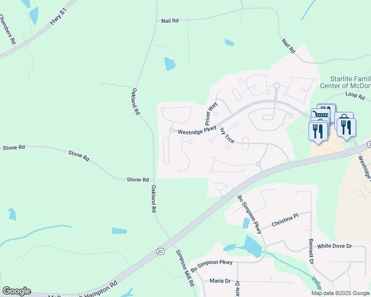 map of restaurants, bars, coffee shops, grocery stores, and more near 1517 Rolling Meadows Drive in McDonough
