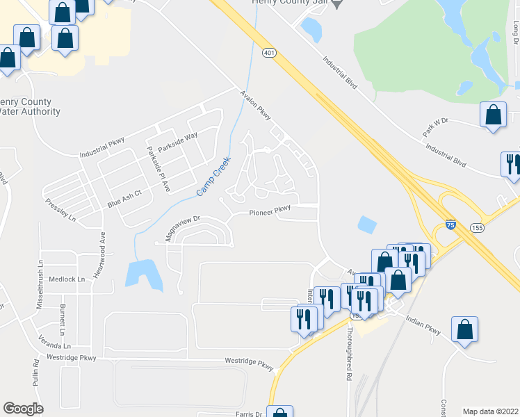 map of restaurants, bars, coffee shops, grocery stores, and more near 5044 Pioneer Parkway in McDonough