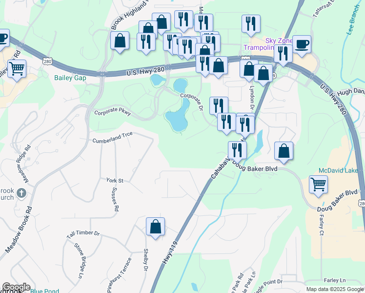 map of restaurants, bars, coffee shops, grocery stores, and more near 2500 Corporate Drive in Birmingham