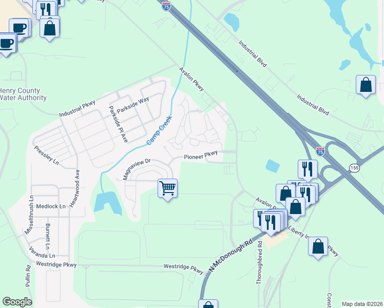 map of restaurants, bars, coffee shops, grocery stores, and more near 5046 Pioneer Parkway in McDonough
