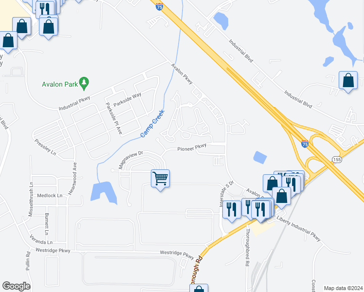 map of restaurants, bars, coffee shops, grocery stores, and more near 5048 Pioneer Parkway in McDonough