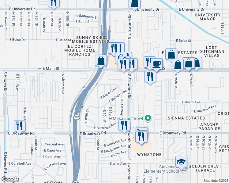 map of restaurants, bars, coffee shops, grocery stores, and more near 9138 East Balsam Avenue in Mesa