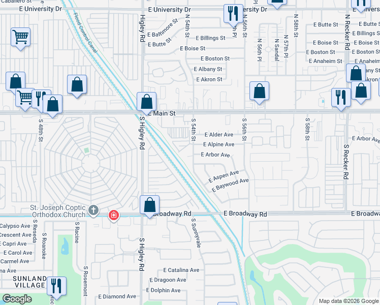 map of restaurants, bars, coffee shops, grocery stores, and more near 5346 East Arbor Circle in Mesa