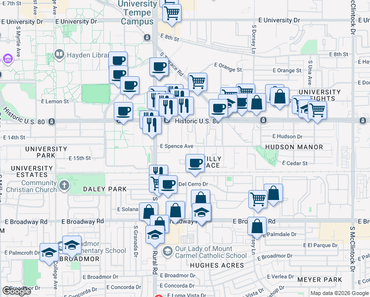 map of restaurants, bars, coffee shops, grocery stores, and more near 1005 East Spence Avenue in Tempe